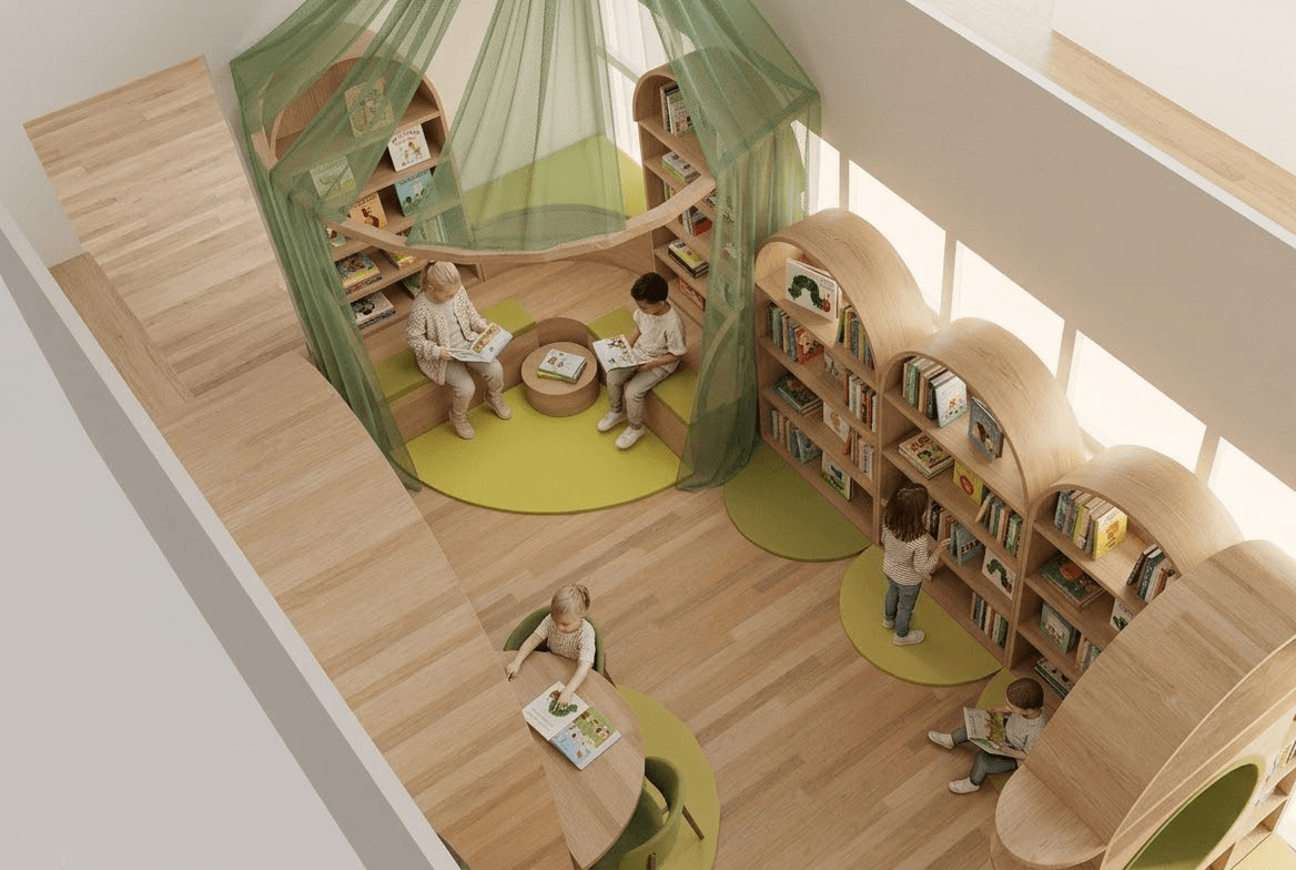 Library design concept — story canopy and arched shelves