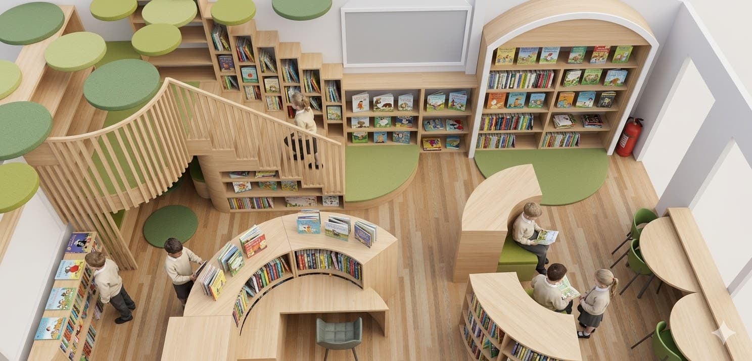 Library design concept — curved shelving and reading mezzanine