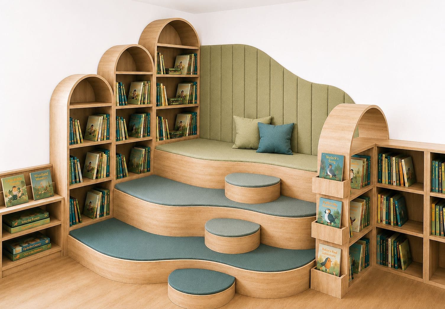 Concept design for the transformed ESPS library — arched shelving and a cosy reading nook