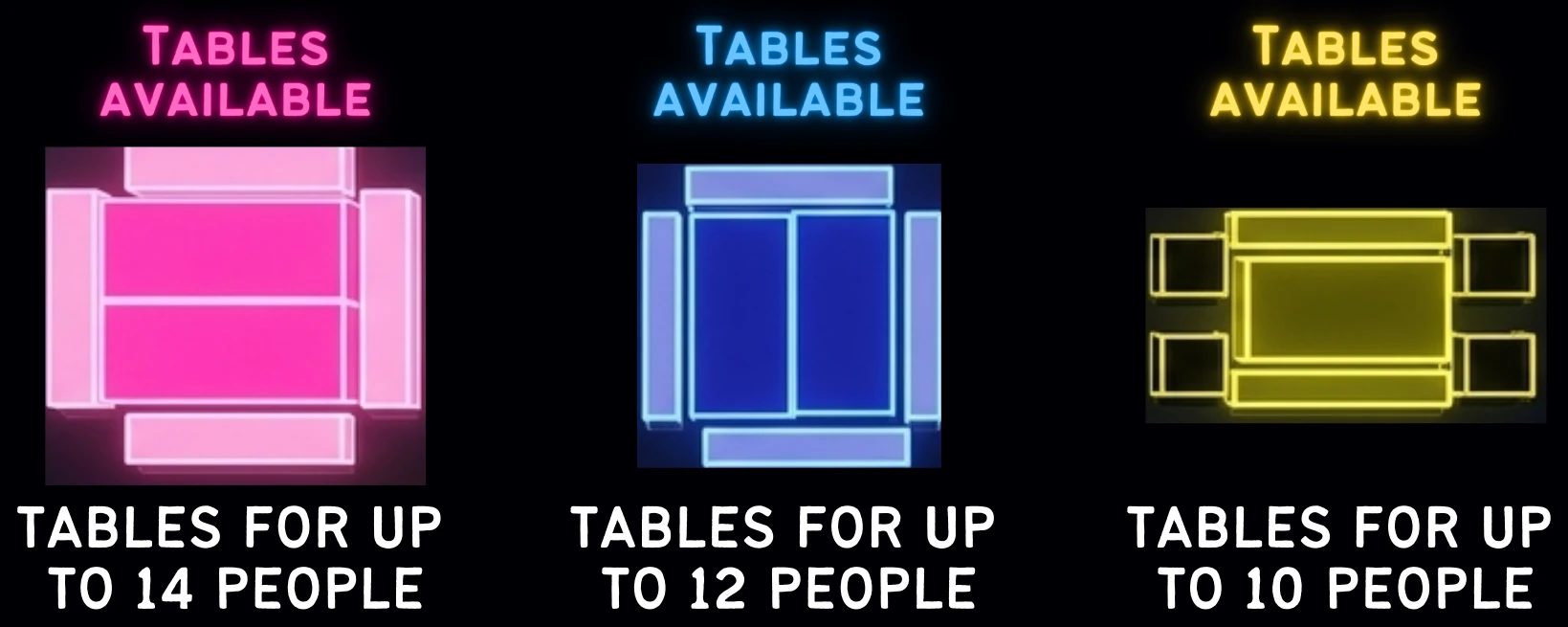 Tables available: 2 pink tables for up to 14 people, 1 blue tables for up to 12 people, 3 yellow tables for up to 10 people.