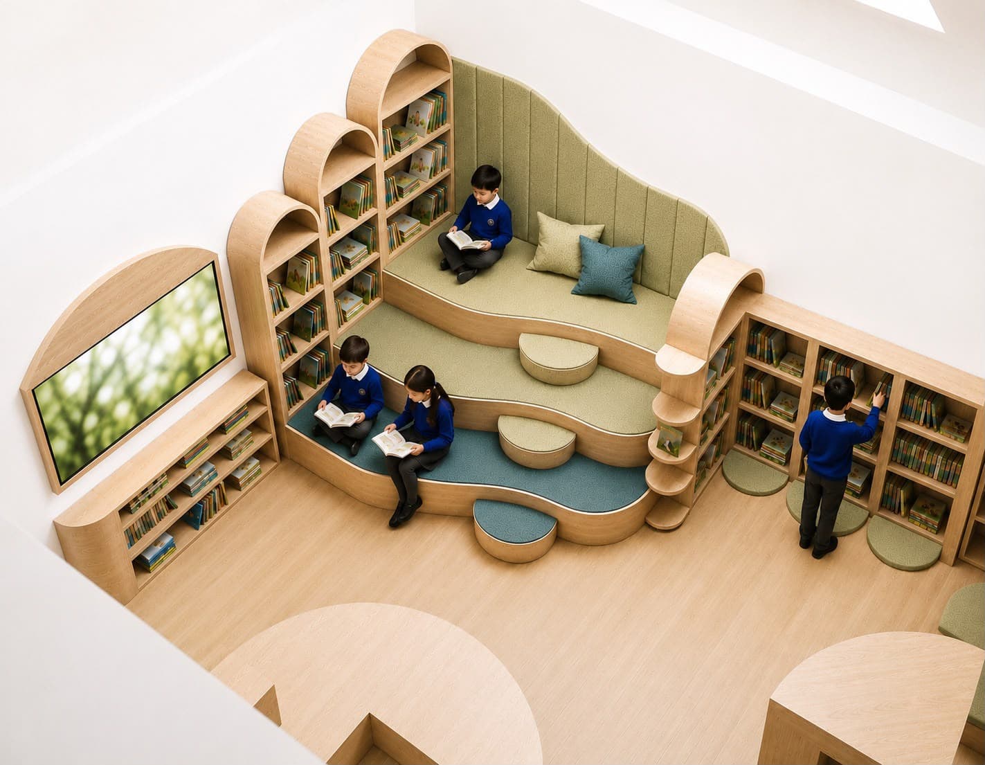 First look at the new ESPS library — storytelling stairs and arched shelving